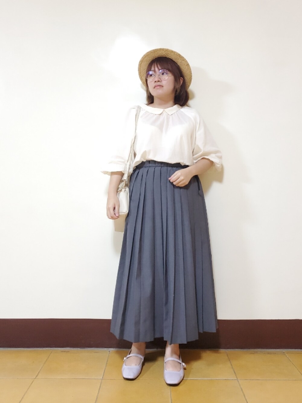 「みんなの白Tフェス、ootd、夏、夏コーデ、街頭穿搭、復古、低身長、低身長女子、切り替え」｜「Samansa Mos2の前後2WAYバルーンスリーブブラウス（シャツ/ブラウス、ホワイト系）」を使った、呱呱🍯さん（レディース・152cm）の夏コーディネートの3枚目の写真