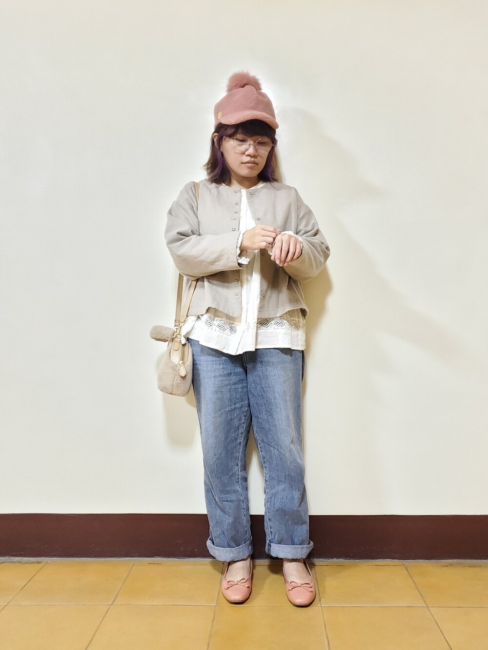 「未来のWEARISTAプロジェクト、大人カジュアル、大人コーデ、ootd、冬コーデ、街頭穿搭、休閒、低身長」｜「Samansa Mos2の綿麻ショートジャケット（ノーカラージャケット、ベージュ系）」を使った、呱呱🍯さん（レディース・152cm）の冬コーディネートの3枚目の写真