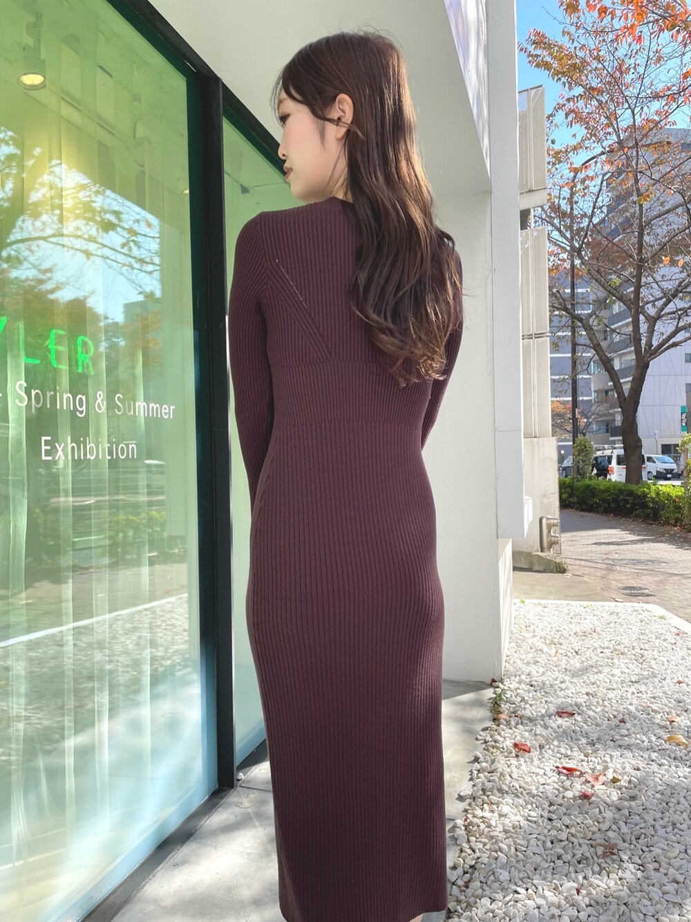 ブラック系のダウンジャケット/コート、ブラウン系のワンピース、ブラック系のブーツを着用したレディースの冬コーディネートの9枚目の写真