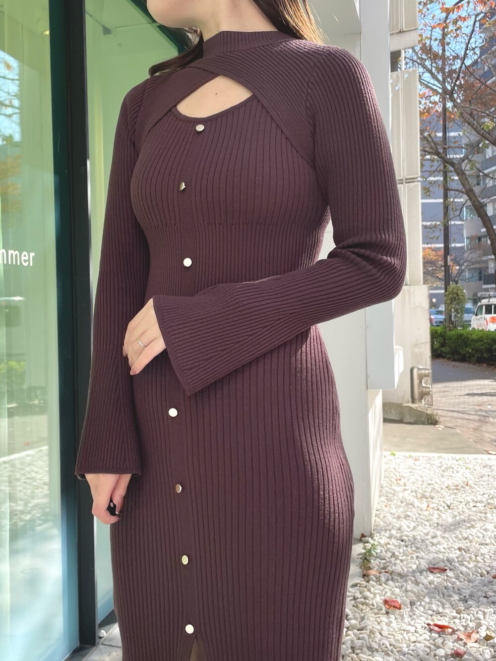 ブラック系のダウンジャケット/コート、ブラウン系のワンピース、ブラック系のブーツを着用したレディースの冬コーディネートの8枚目の写真