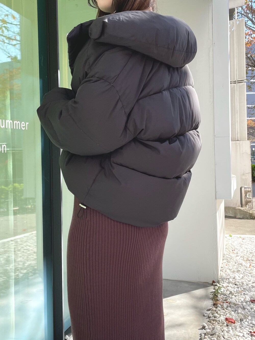 ブラック系のダウンジャケット/コート、ブラウン系のワンピース、ブラック系のブーツを着用したレディースの冬コーディネートの4枚目の写真