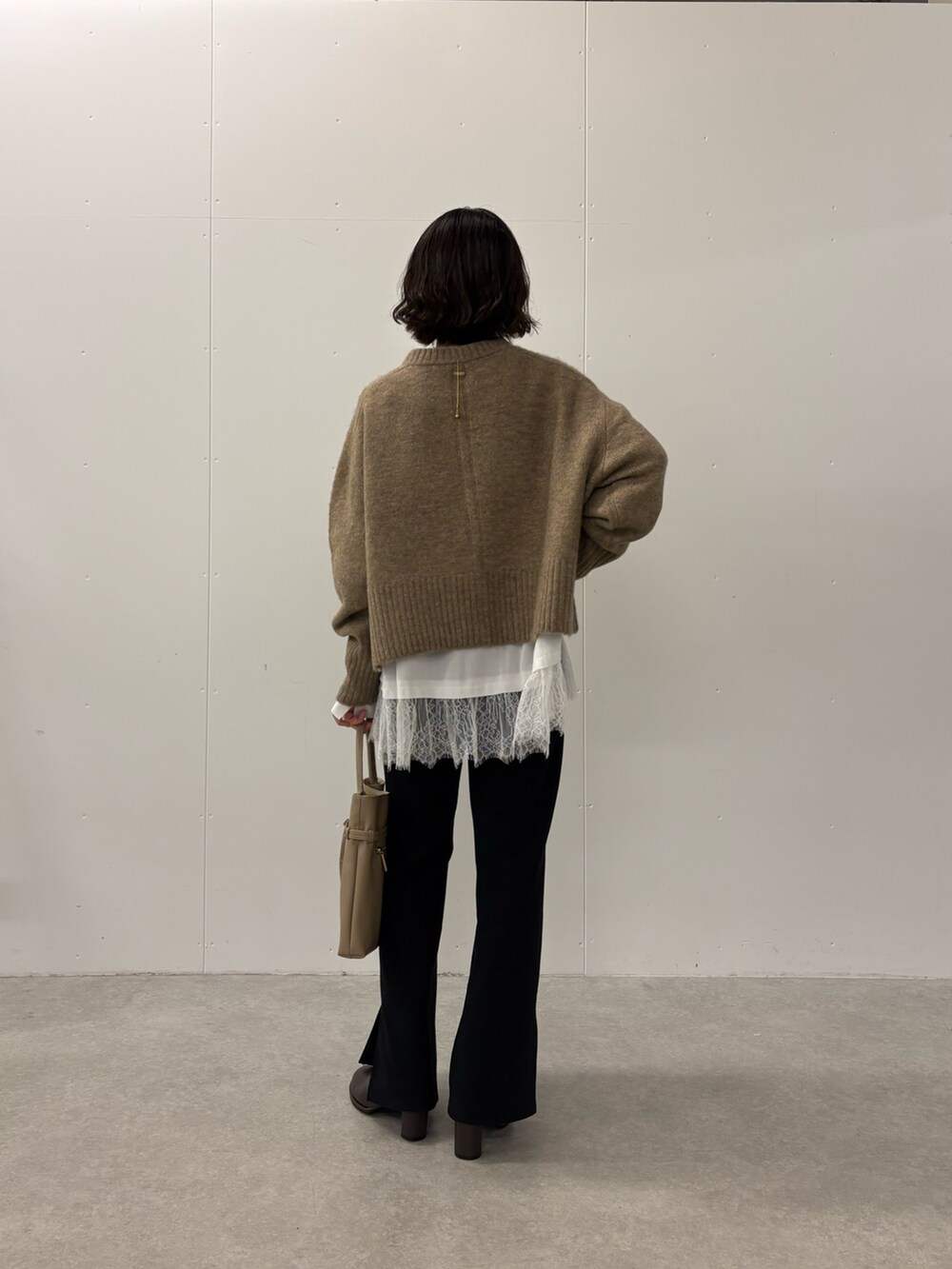 ブラック系のその他パンツ、ブラウン系のニット/セーター、ホワイト系のシャツ/ブラウスを着用したレディースの秋コーディネートの3枚目の写真