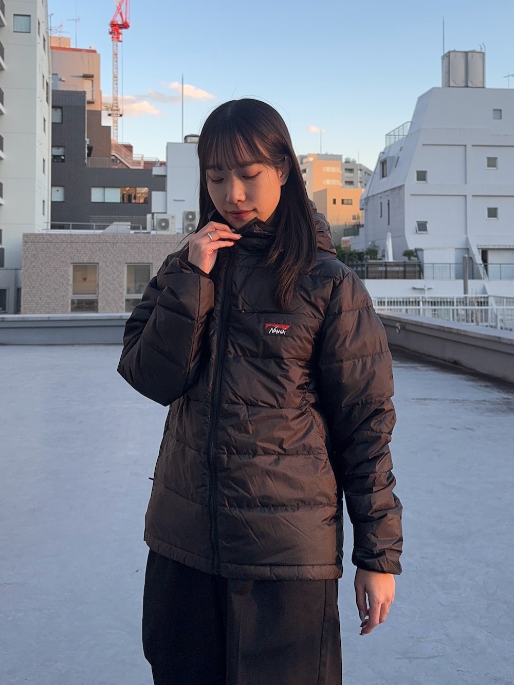 ブラック系のダウンジャケット/コート、ブラック系のダウンジャケット/コート、ブラック系のチノパンツを着用したレディースの冬コーディネートの4枚目の写真