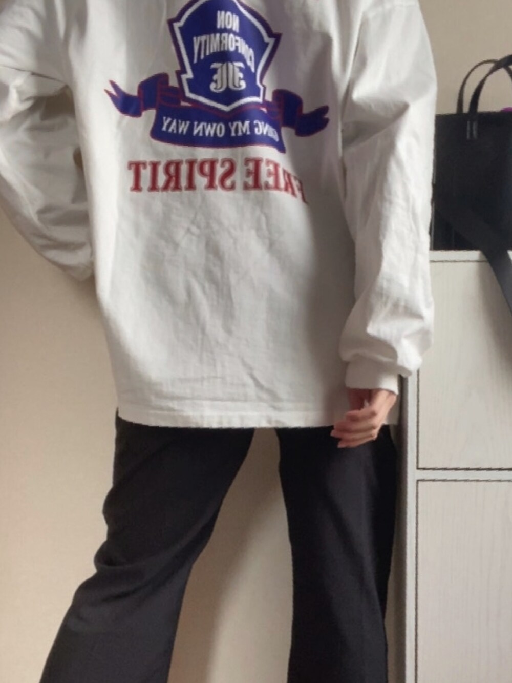 ホワイト系のTシャツ/カットソー、ブラック系のスラックス、ブラック系のショルダーバッグを着用したレディースの冬コーディネートの2枚目の写真