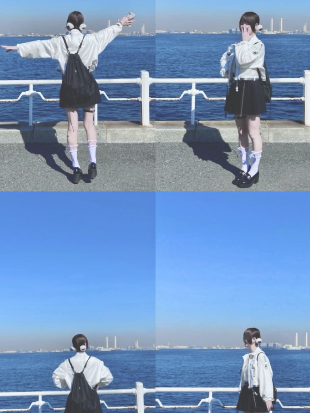 ホワイト系のブルゾンを着用したレディースの冬コーディネートの2枚目の写真