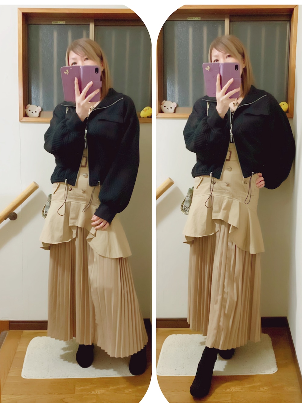 ブラック系のブーツ、ブラック系のニット/セーター、ブラック系のジャケット/アウターを着用したレディースの冬コーディネートの4枚目の写真