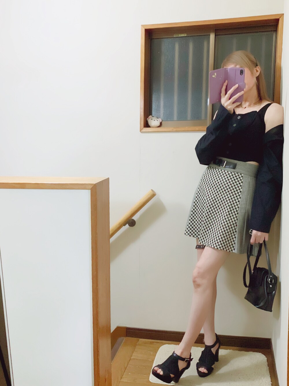 「クロップドトップス、千鳥格子、ZARA、zara woman、モノトーン、モノトーンコーデ」｜「byあしながおじさんの厚底リネンサンダル　-8890797（サンダル、ブラック系）」を使った、mami太郎さん（レディース・162cm）の秋コーディネートの3枚目の写真
