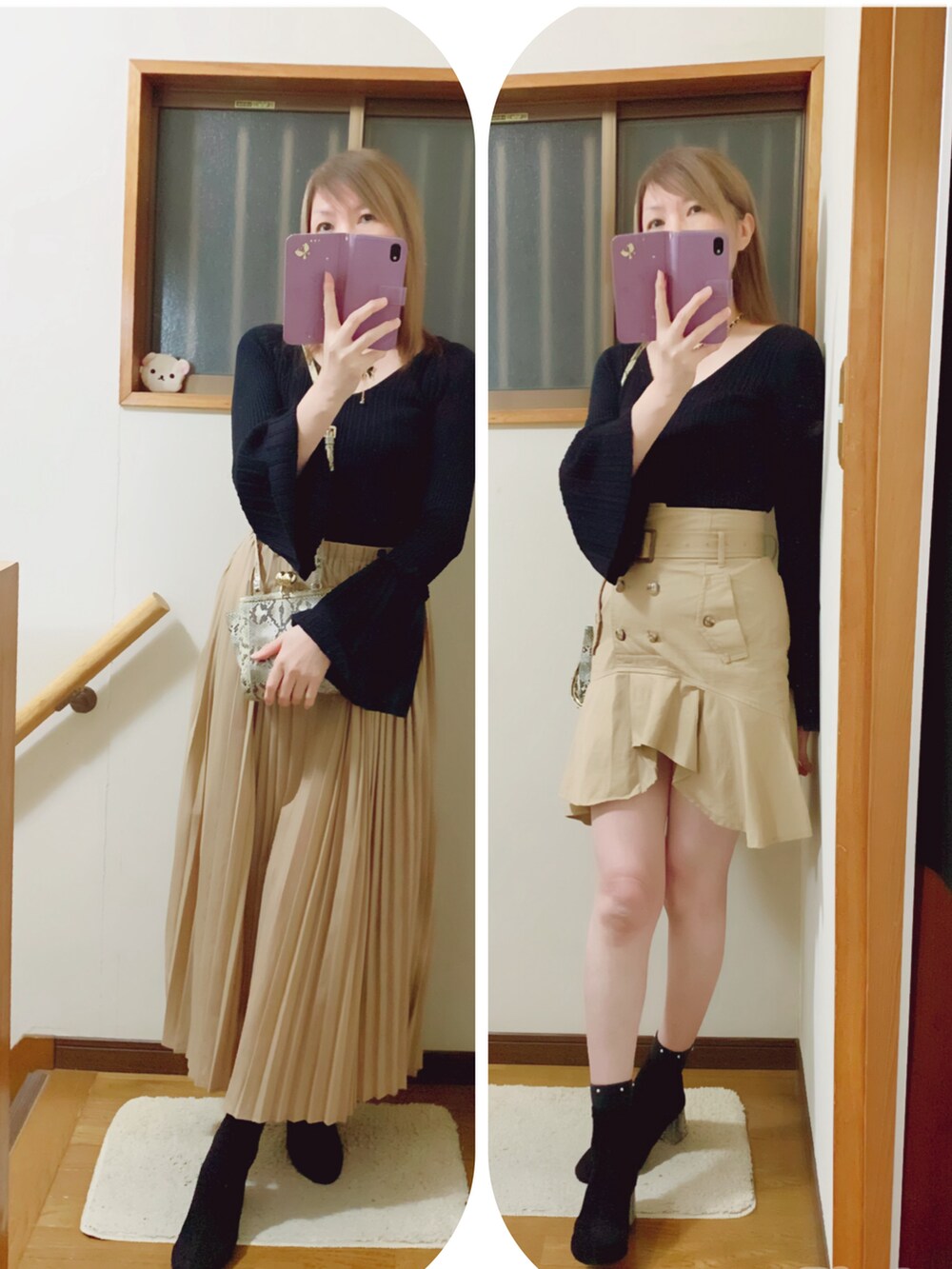 ブラック系のブーツ、ブラック系のニット/セーター、ブラック系のジャケット/アウターを着用したレディースの冬コーディネートの2枚目の写真