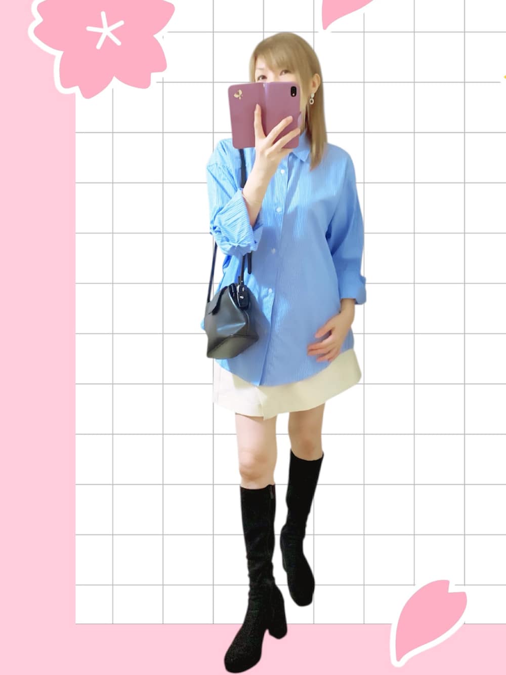 ブラック系のショルダーバッグ、ホワイト系のその他パンツ、ブラック系のブーツを着用したレディースの秋コーディネートの4枚目の写真