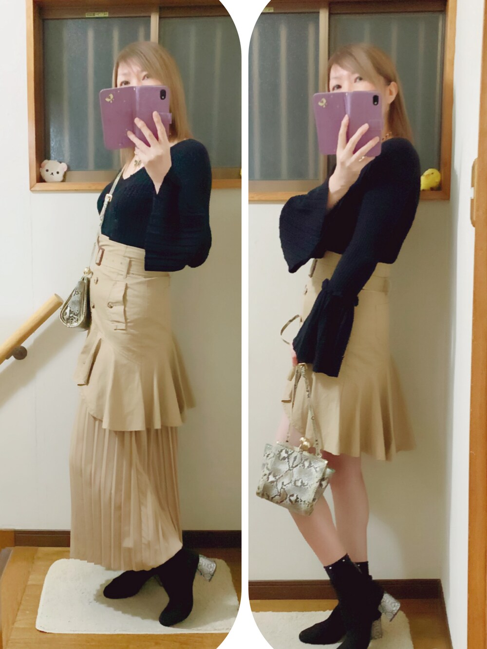 ブラック系のブーツ、ブラック系のニット/セーター、ブラック系のジャケット/アウターを着用したレディースの冬コーディネートの3枚目の写真