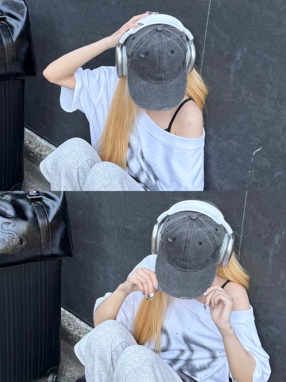 ブラック系のスニーカー、ホワイト系のTシャツ/カットソー、ブラック系のボストンバッグを着用したレディースの夏コーディネートの2枚目の写真