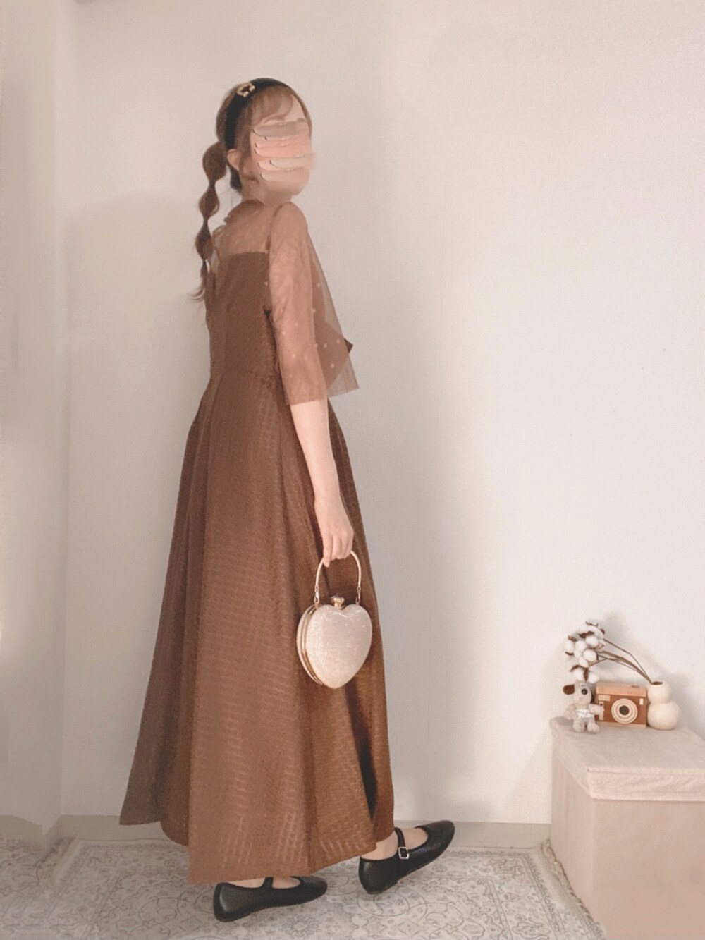 LEJA】ビスチェ風切り替えプチハイネック花柄シアーレースワッフル生地