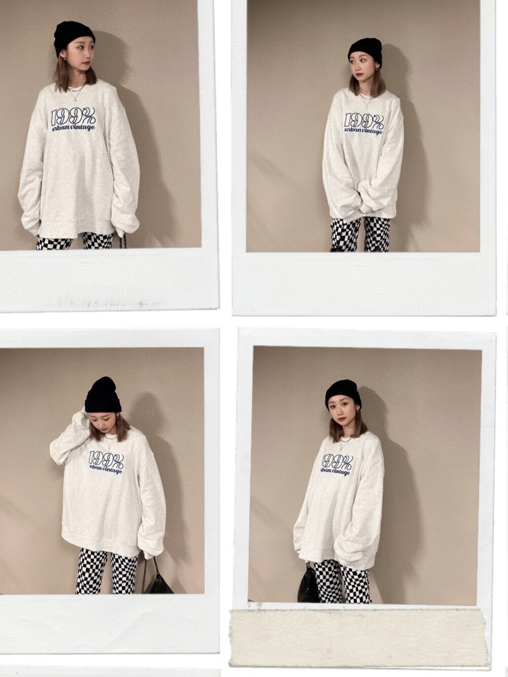 「私の推しブランド、冬コーデ、ボリューム袖、ストリート、ACLENT、ニット帽、ビーニー、フラッグチェック、チェックパンツ、チェッカーフラッグ、スウェット」｜「ACLENTのアイテム（トップス、グレー系）」を使った、Nanamiさん（レディース・156cm）の冬コーディネートの2枚目の写真