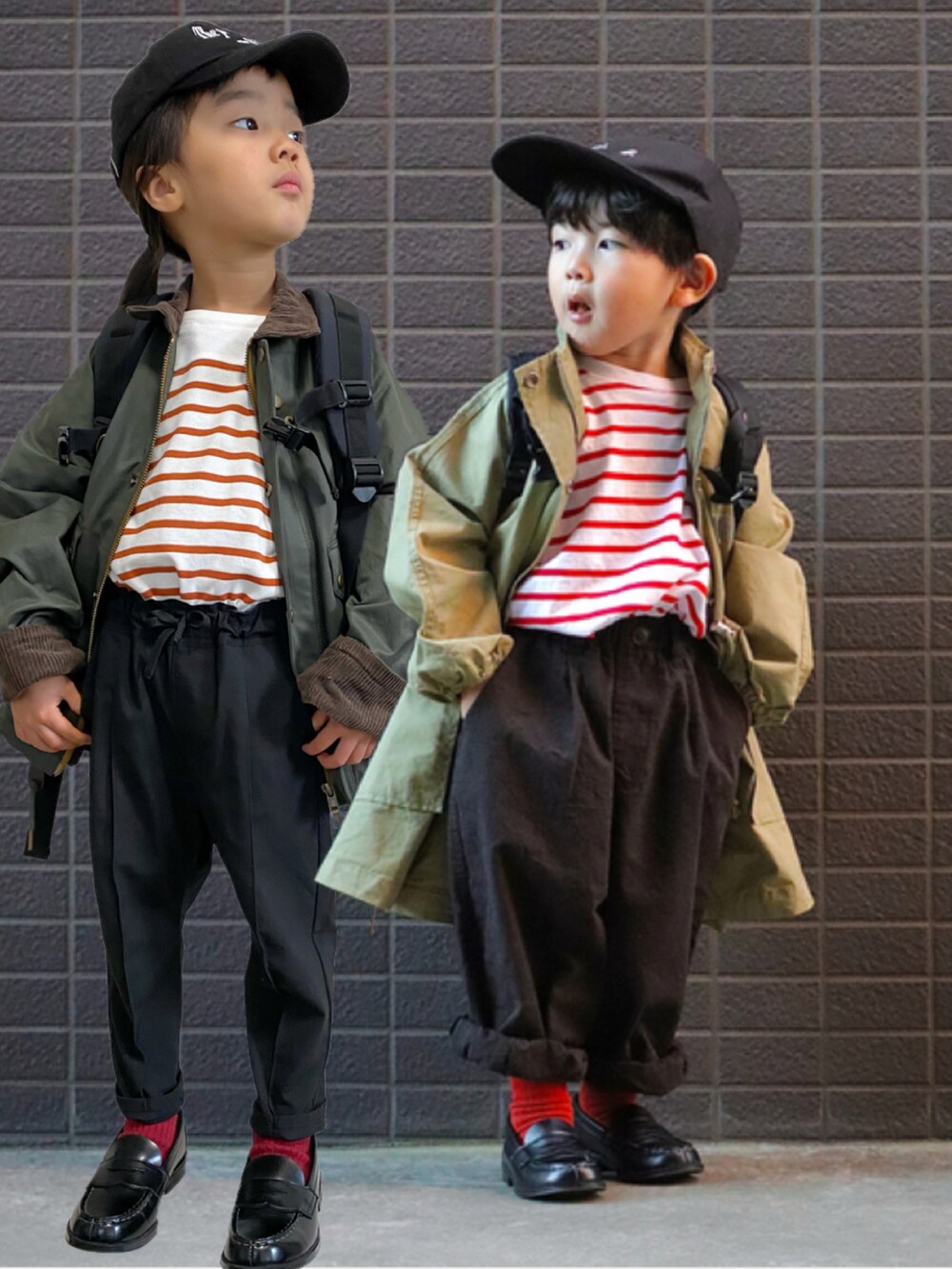 「キャップ、ミリタリー、ミリタリージャケット、ボーダー、ボーダートップス、センタープレス、センタープレスパンツ、ローファー、リュック、黒リュック、韓国子供服、ciaopanicTYPY」|「りつくん❤️❤️❤️のアイテム(その他、その他)」を使った、ニコとコハさん(キッズ・100cm)の冬コーディネートの3枚目の写真