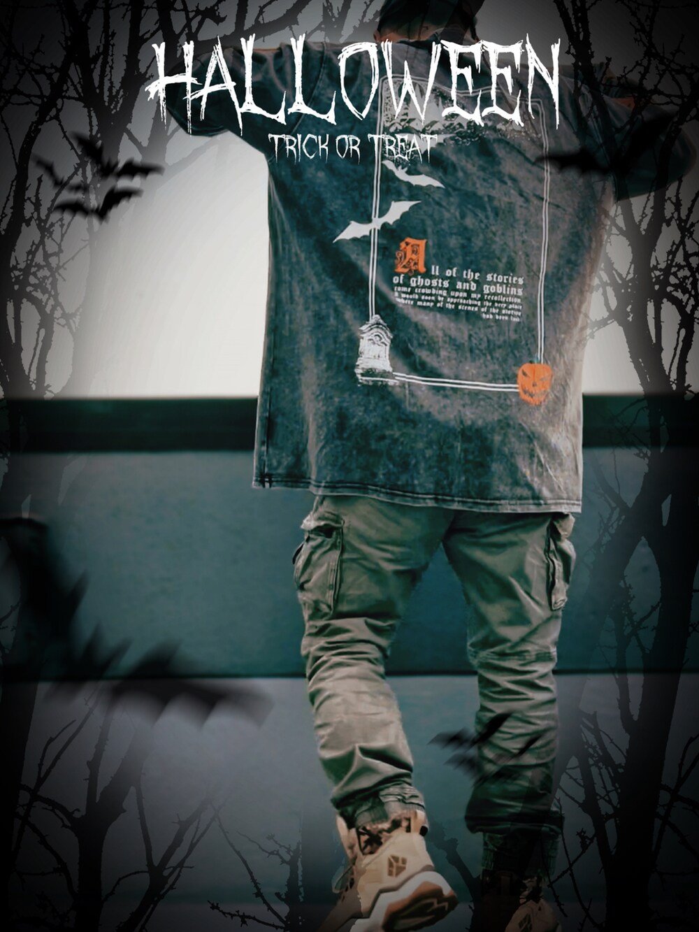 グレー系のTシャツ/カットソー、グリーン系のカーゴパンツを着用したメンズの秋コーディネートの3枚目の写真