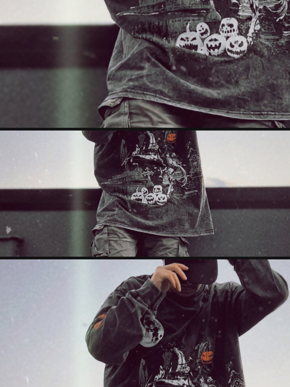 グレー系のTシャツ/カットソー、グリーン系のカーゴパンツを着用したメンズの秋コーディネートの2枚目の写真