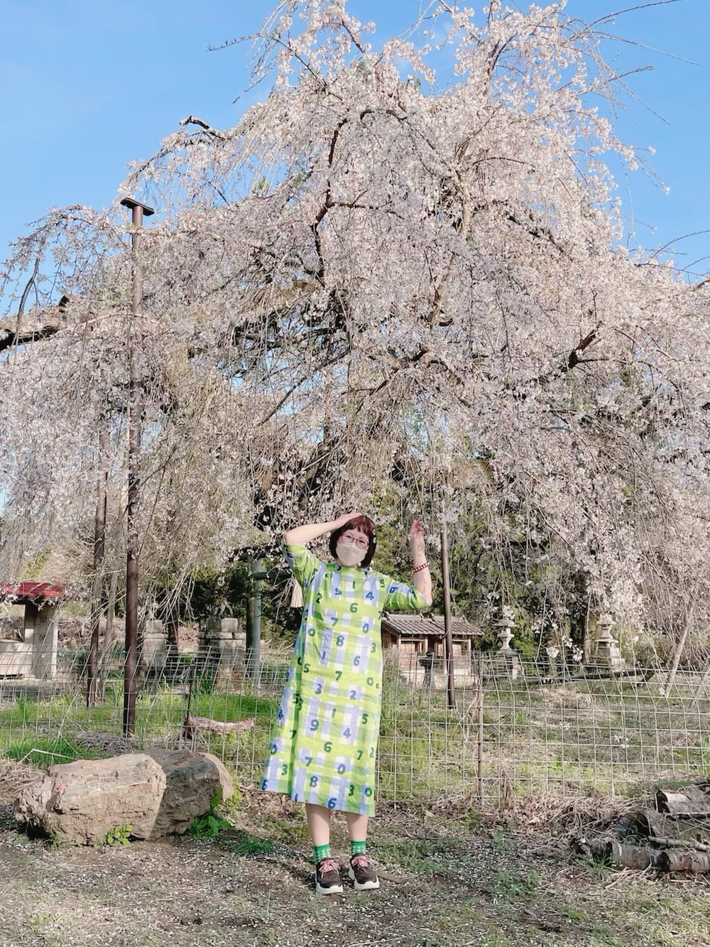 「ぱっちんピン、チェックワンピース、若草色、グリーン、Aラインワンピース、リネン、五分袖、トートバッグ、ボリス、シアーソックス、ハンドメイド、SOU・SOU、3coins、FRAPBOIS、春夏コーデ」｜「あいちゃんmadeのアイテム（ヘアアクセサリー、ブルー系）」を使った、だるさん（レディース・152cm）の春コーディネートの3枚目の写真