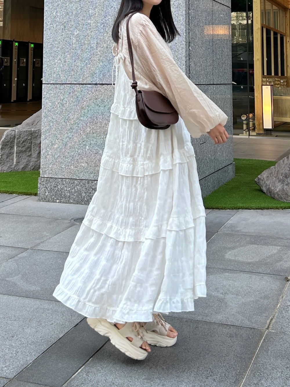 ホワイト系のワンピース、ベージュ系のカーディガン/ボレロ、ベージュ系のサンダルを着用したレディースの夏コーディネートの4枚目の写真