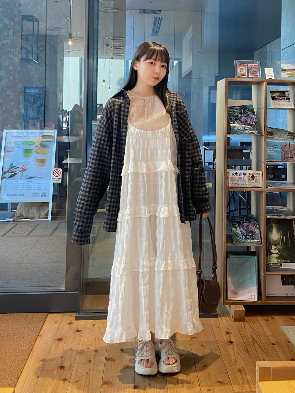 ホワイト系のワンピース、ベージュ系のカーディガン/ボレロ、ベージュ系のサンダルを着用したレディースの夏コーディネートの2枚目の写真