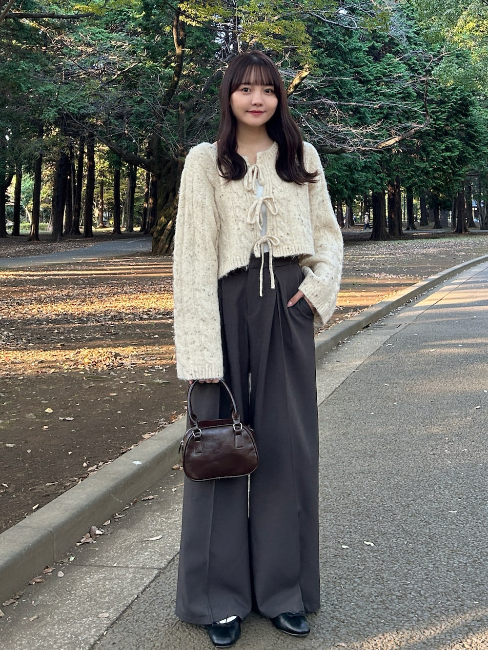 ブラウン系のハンドバッグ、ブラック系のバレエシューズ、グレー系のスラックスを着用したレディースの秋コーディネートの4枚目の写真