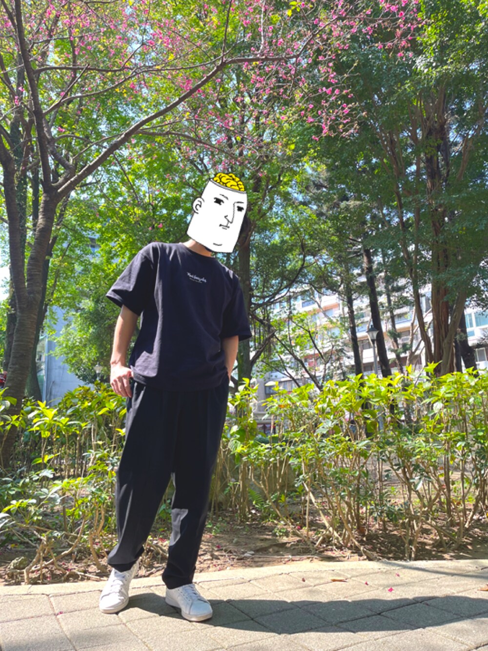ブラック系のTシャツ/カットソー、ブラック系のスラックス、ホワイト系のスニーカーを着用したメンズの春コーディネートの2枚目の写真