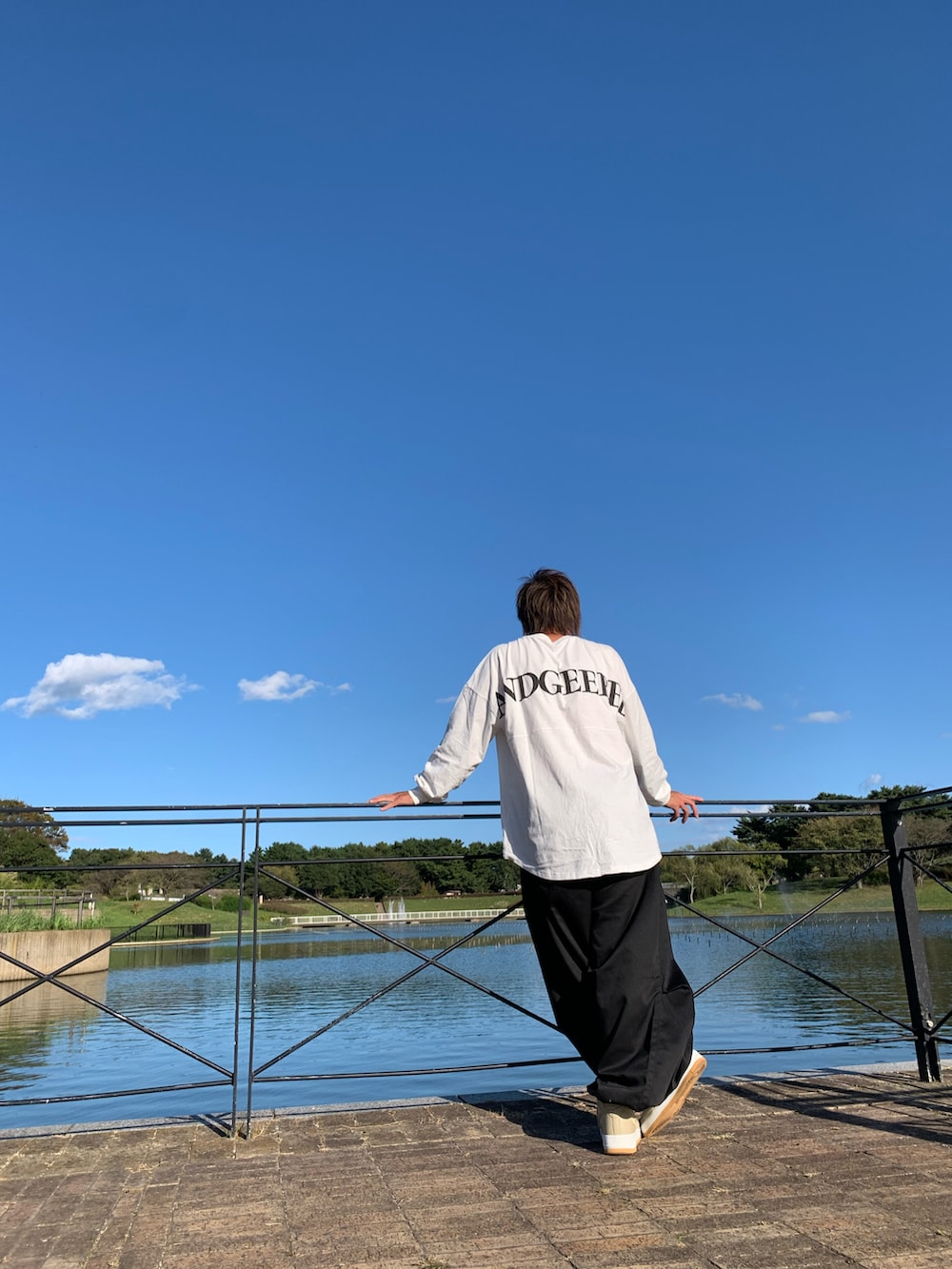 ホワイト系のTシャツ/カットソー、ベージュ系のスニーカーを着用したメンズの秋コーディネートの2枚目の写真