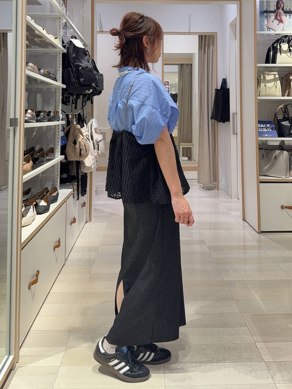 「きれいめ、ベーシック/シンプル、着痩せ・細見え、ママコーデ、体型カバー、カジュアル、GLOBAL WORK」｜「LOWRYS FARMのパールタレンネックレス　249411（ネックレス、ベージュ系）」を使った、せこ子さん（レディース・159cm）の夏コーディネートの7枚目の写真