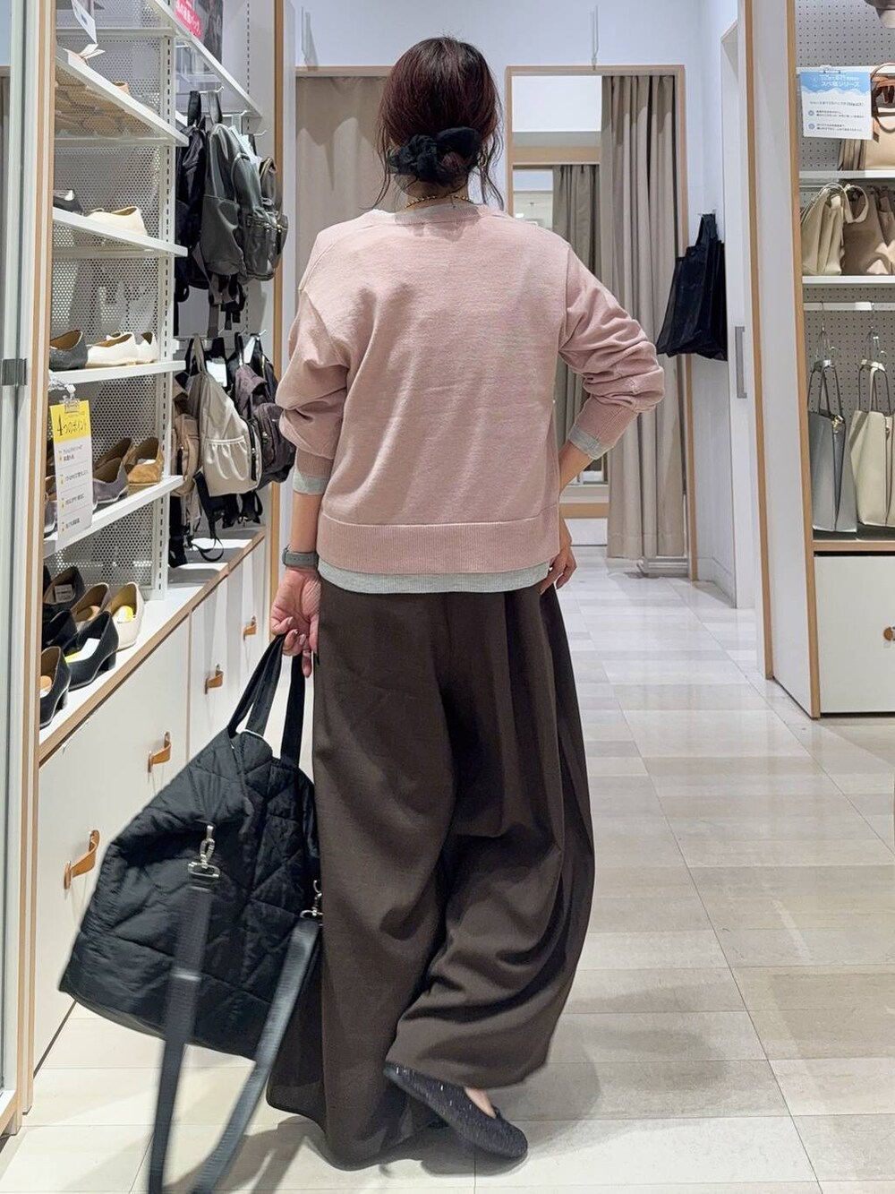 ブラック系のバレエシューズ、ブラック系のショルダーバッグ、ホワイト系のTシャツ/カットソーを着用したレディースの秋コーディネートの5枚目の写真