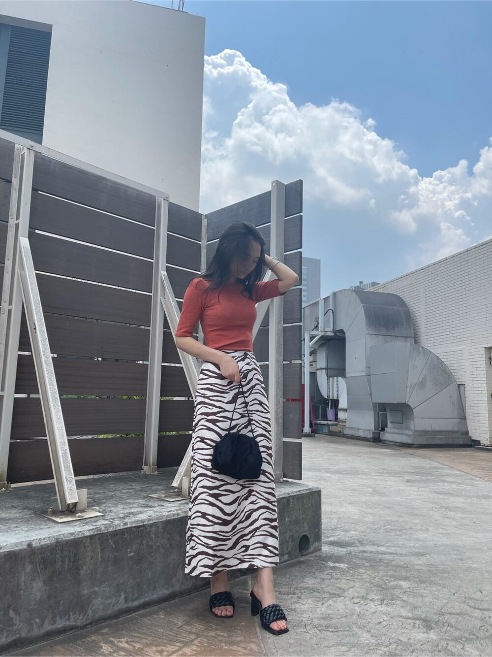 その他のスカート、ブラック系のハンドバッグ、ブラック系のサンダルを着用したレディースの夏コーディネートの3枚目の写真