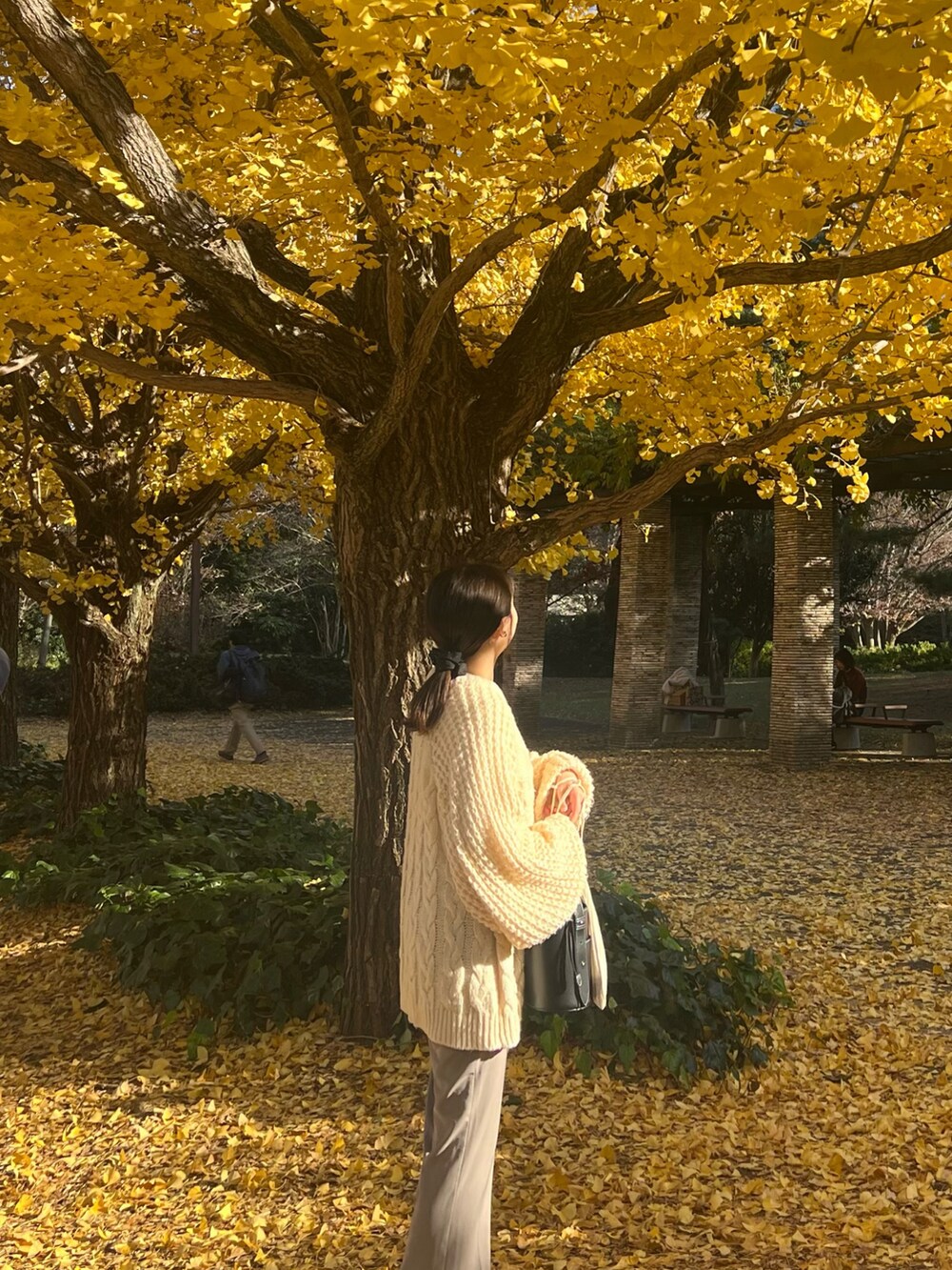 ホワイト系のニット/セーター、グリーン系のスラックス、ブラック系のハンドバッグを着用したレディースの冬コーディネートの2枚目の写真