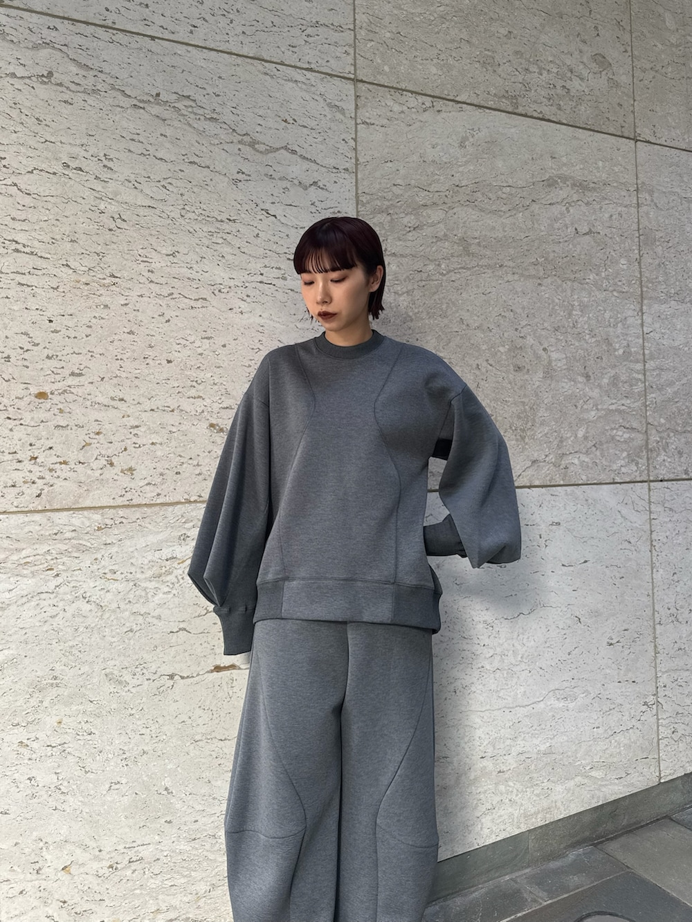 グレー系のTシャツ/カットソー、グレー系のその他パンツを着用したレディースの秋コーディネートの2枚目の写真