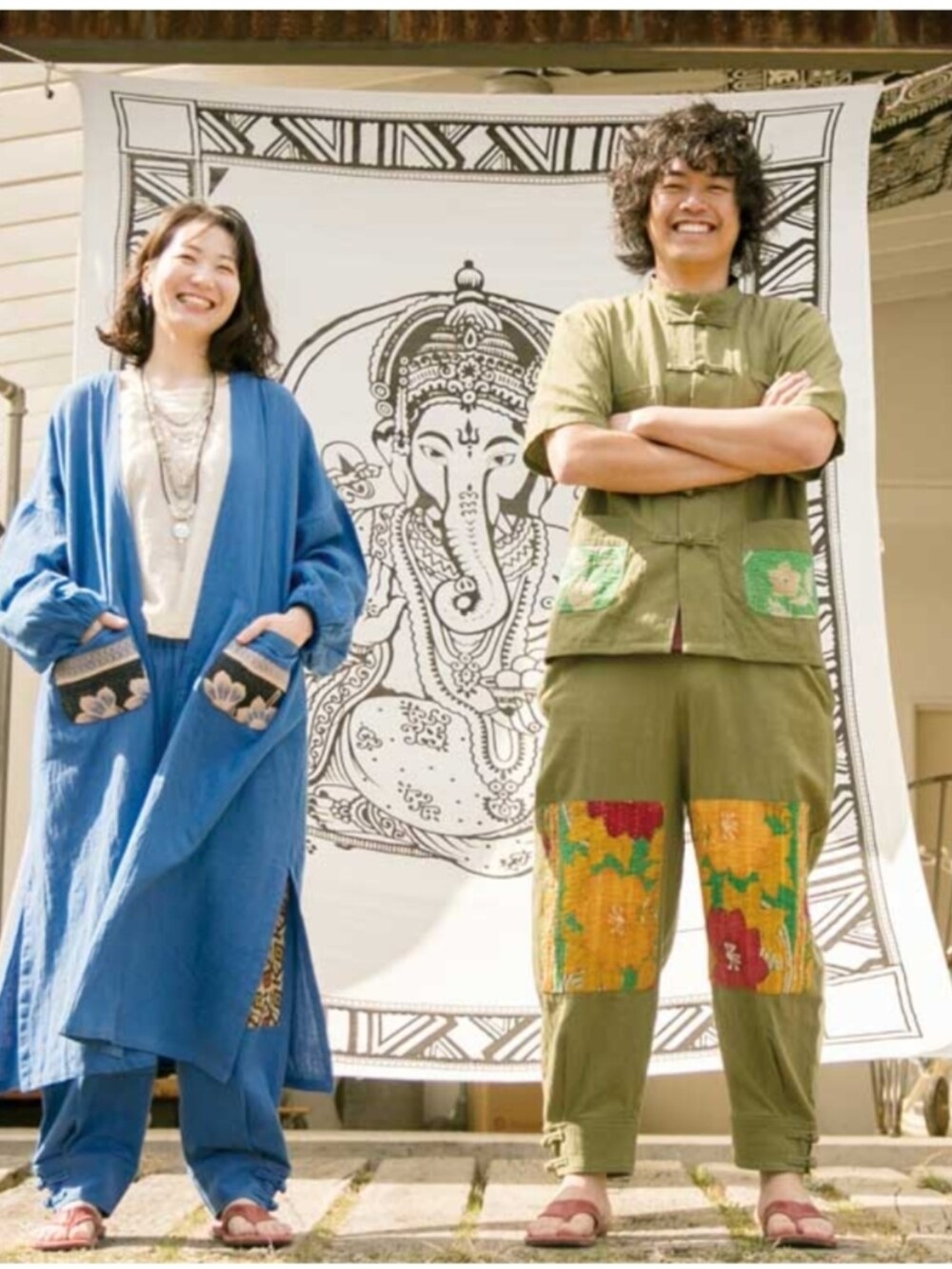 「おしゃれさんと繋がりたい、40代ファッション、好きな服を着る、元気になれる服、チャイハネ、ベレー帽、パンツスタイル、セットアップ、チャイナシャツ、パッチワーク、ラリーキルト、一点物」｜「チャイハネのアイテム（トップス、グリーン系）」を使った、michiyogaさん（レディース・159cm）の夏コーディネートの4枚目の写真