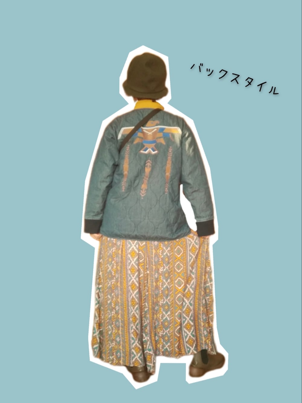 「おしゃれさんと繋がりたい、40代ファッション、好きな服を着る、元気になれる服、チャイハネ、ハット、キルティング、刺繍、アフリカン、ブーツ、RegettaCanoe、ゆるコーデ」｜「チャイハネの【チャイハネ】テープマウンテンハット（ハット、グリーン系）」を使った、michiyogaさん（レディース・159cm）の冬コーディネートの2枚目の写真