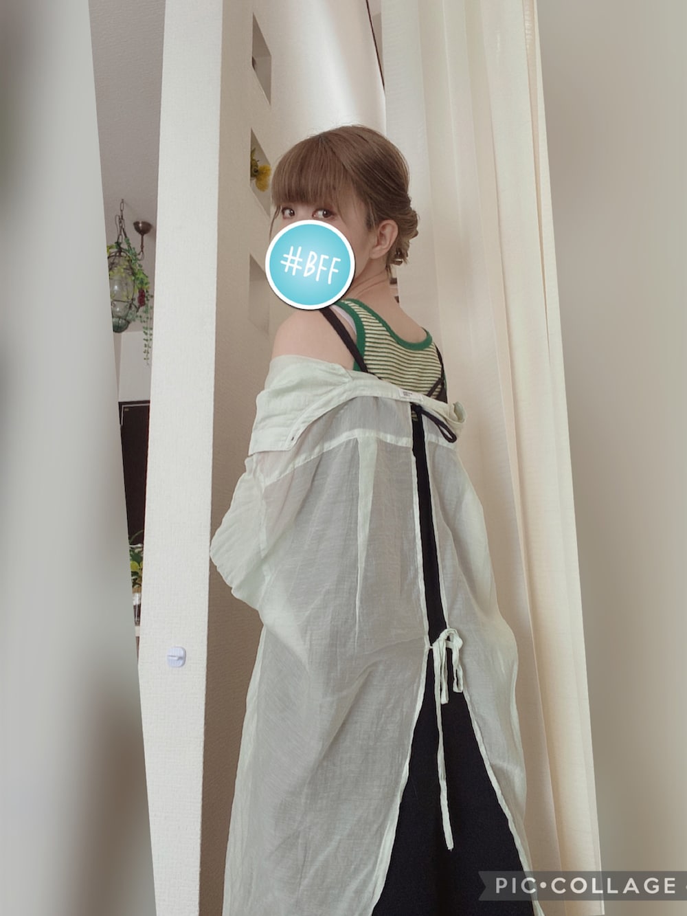 「夏ファッション、休日コーデ、スカートスタイル、ママファッション、おしゃれさんと繋がりたい、シアートップス」｜「AMERICAN HOLICのアイテム（シャツ/ブラウス、グリーン系）」を使った、amu1002さん（レディース・159cm）の夏コーディネートの2枚目の写真