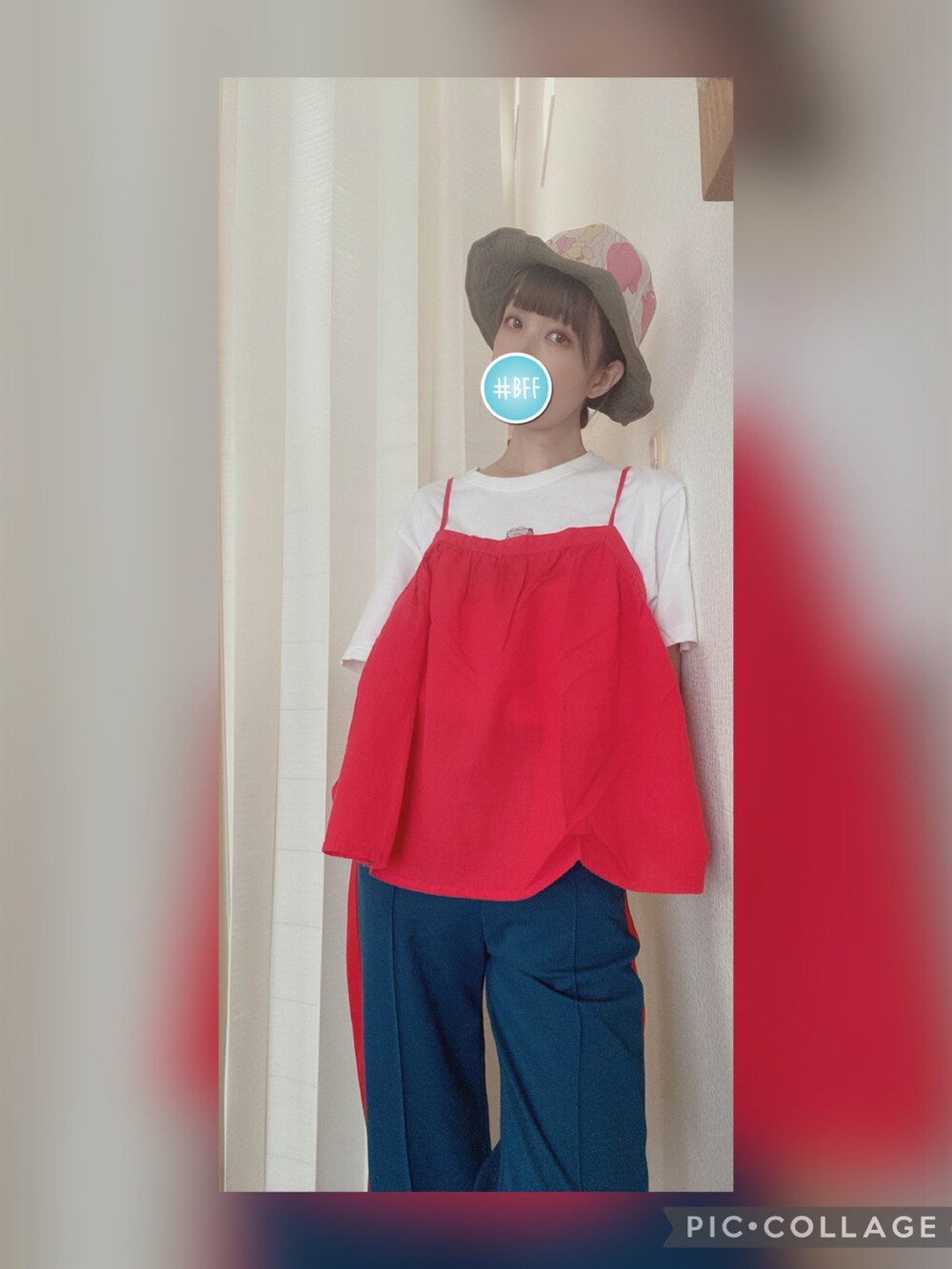 「プチプラコーデ、ゆるコーデ、パンツスタイル、サンダル、ハット」｜「SM2のアイテム（キャミソール、レッド系）」を使った、amu1002さん（レディース・159cm）の夏コーディネートの3枚目の写真