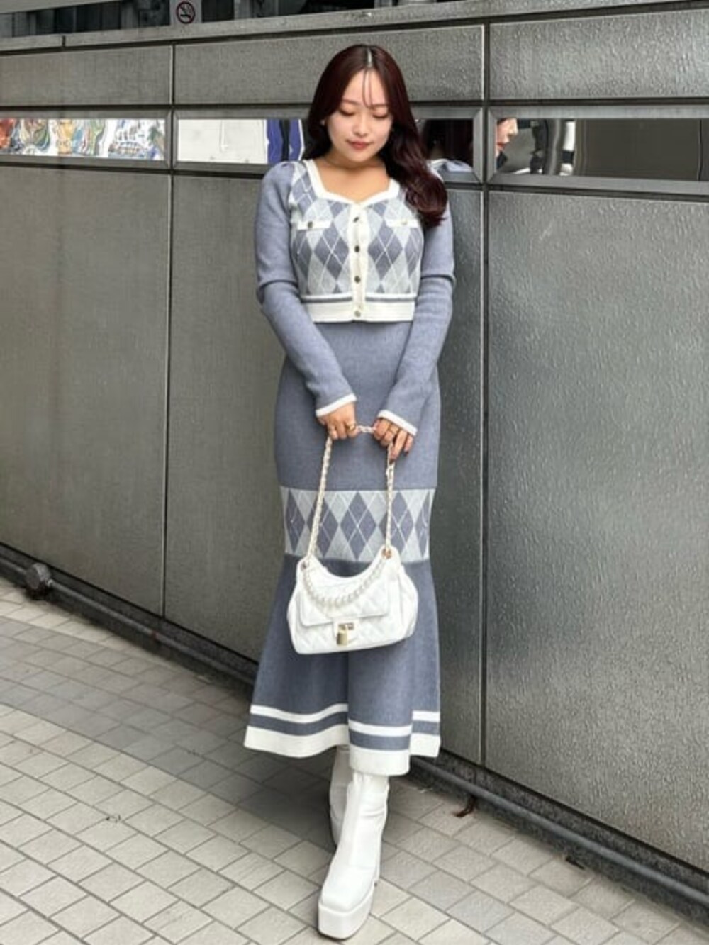 アーガイルバイカラーカーディガンセットニットワンピース 秋服 冬服を