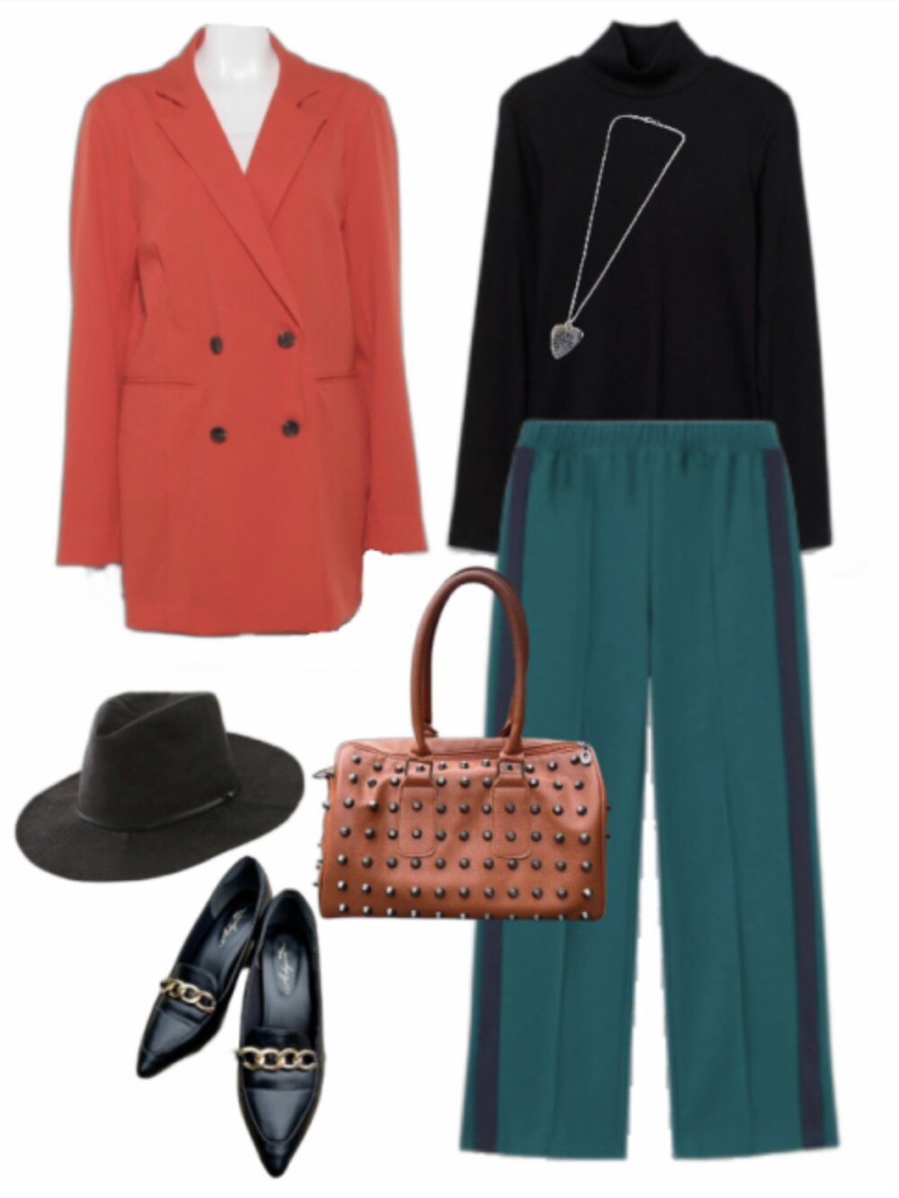 オレンジ系のテーラードジャケット、グリーン系のパンツ、ブラック系のTシャツ/カットソーを着用したレディースの秋コーディネートの2枚目の写真