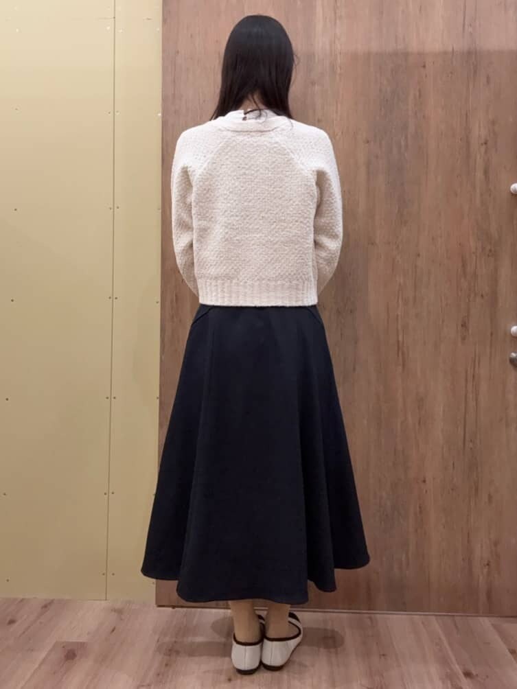 ホワイト系のカーディガン/ボレロ、ホワイト系のシャツ/ブラウス、ブルー系のスカートを着用したレディースの冬コーディネートの3枚目の写真