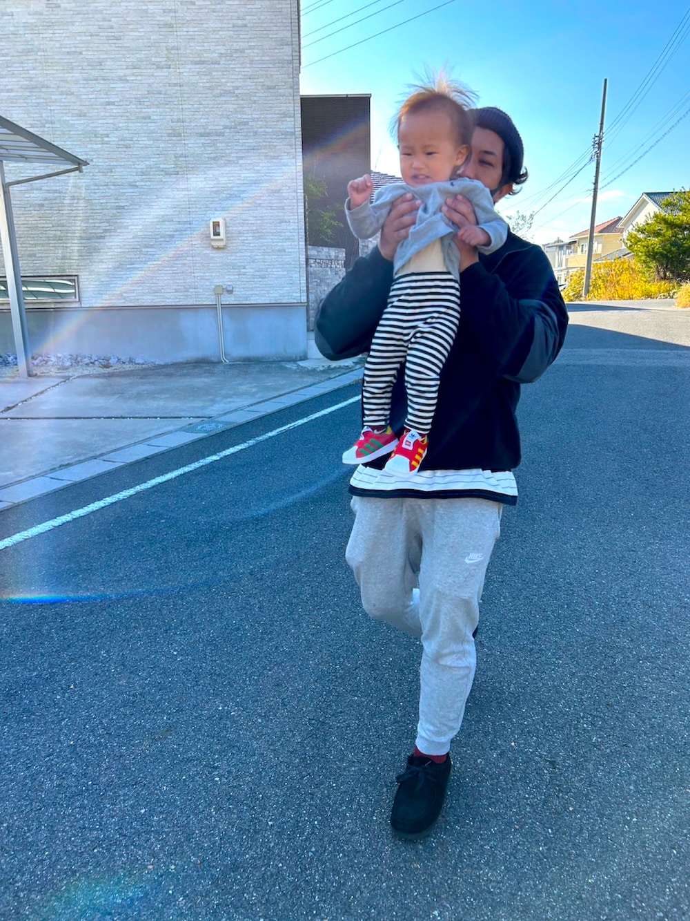 「おしゃれさんと繋がりたい、休日コーデ、ラコステ、VAINL ARCHIVE、NIKE、スウェットパンツ、UNUSED、GU、ボーダー、ファッションを楽しもう」｜「GUのアイテム（ニットキャップ/ビーニー、ブラック系）」を使った、Ryuさん（メンズ・172cm）の冬コーディネートの2枚目の写真
