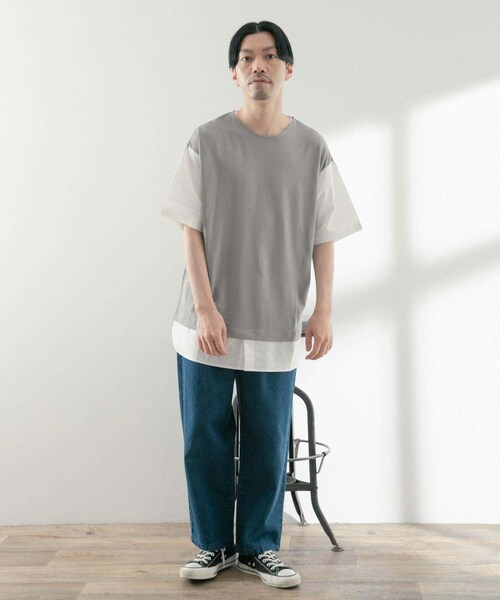ITEMS URBANRESEARCH(アイテムズ アーバンリサーチ)の「布帛切替レイヤードクルーネックトップス(Tシャツ/カットソー・メンズ・BLK/BEG/MTD/GRY・M/L)」の22枚目の写真