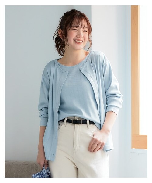 nissen（ニッセン）の「＜大きいサイズ＞パターンメッシュアンサンブル(カーディガン＋５分袖Tシャツ)（Tシャツ/カットソー・レディース・ピンク(小花)/オフホワイト(小花)/黒/ブルー・L/LL/3L/4L/5L/6L/8L/10L）」の6枚目の写真