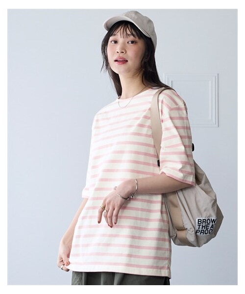 nissen（ニッセン）の「綿100％素材ルーズシルエットボーダーやわらかバスク５分袖Ｔシャツ＜大きいサイズ有＞（Tシャツ/カットソー・レディース・グレイッシュブルー×オフホワイト/オフホワイト×ネイビー/コーラルレッド×オフホワイト/ベージュ×オフホワイト/チャコールブラウン×オフホワイト/オフホワイト×グリーン/イエロー×オフホワイト/オフホワイト×ピンク/オフホワイト×ライムイエロー・L/LL/3L/4L/5L/6L/8L/10L/S/M）」の19枚目の写真