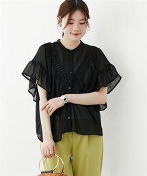 nissen | バンドカラー　フリル袖Ｖ字切替ブラウス(シャツ/ブラウス)