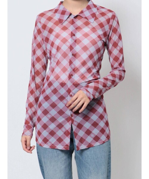 jouetie（ジュエティ）の「メッシュチェックカラートップス（シャツ/ブラウス・レディース・ブラック/レッド/ブルー・M）」の3枚目の写真