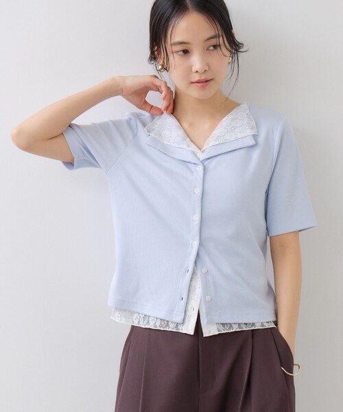 VIS(ビス)の「ドット&無地 レースドッキングレイヤード風リブカットソー(Tシャツ/カットソー・レディース・オフホワイト/ネイビー/サックス・F)」の6枚目の写真