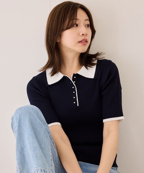 Jayro(ジャイロ)の「配色衿付きリブ半袖ニット(ニット/セーター・レディース・ブラック/ホワイト/グリーン/ネイビー・M)」の5枚目の写真