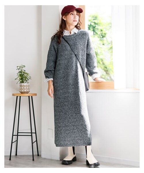 nissen（ニッセン）の「ミックスニットマキシ丈ワンピース（ワンピース・レディース・モカブラウン系/サックス系/モノトーン系・L/LL/3L/4L/5L/6L/8L/10L）」の3枚目の写真