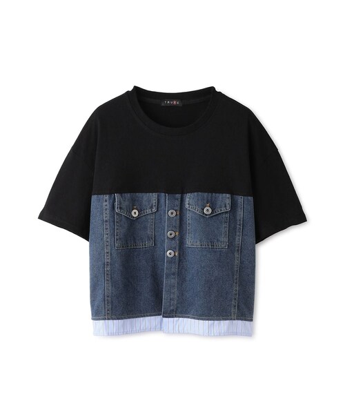 Jayro(ジャイロ)の「デニム切替Tシャツ(Tシャツ/カットソー・レディース・ブラック/グレー/ホワイト系・F)」の4枚目の写真