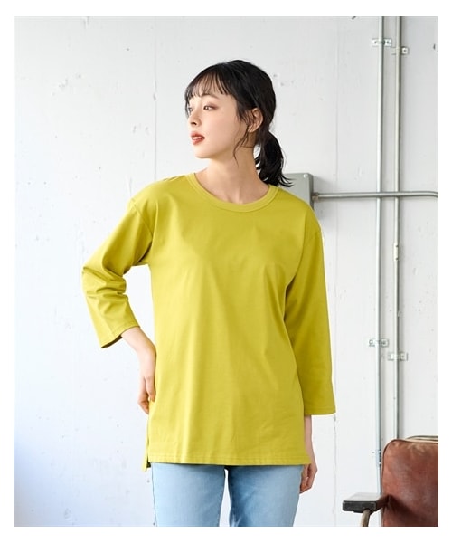 nissen（ニッセン）の「綿１００％汗染みしにくいクルーネック７分袖Ｔシャツ＜大きいサイズ有＞（Tシャツ/カットソー・レディース・黒/ネイビー/オフホワイト/グレイッシュモカ/モスカーキ/ロイヤルグリーン/スモークピンク/アプリコット/ライムイエロー/ダークグリーン/ラズベリー/グレイッシュパープル/ソフトピンク/赤・L/LL/3L/4L/5L/6L/8L/10L/M/S）」の11枚目の写真