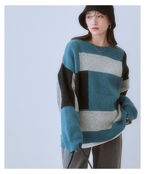 nissen（ニッセン）の「配色ジャガードオーバーサイズニット＜大きいサイズ有＞（ニット/セーター・レディース・オレンジ系/チェック:オレンジ系/サックス系/サックス系(チェック)/ネイビー系/チェック:ネイビー系/黒系/黒系(チェック)/ブロック:オレンジ系/サックス系(ブロック)/ブロック:グリーン系/チェック:モカ系/ニュアンス:グレー系/ニュアンス:ベージュ系/ニュアンス:黒系・S~M/L~LL/3L~4L/5L~6L/8L/10L）」の12枚目の写真
